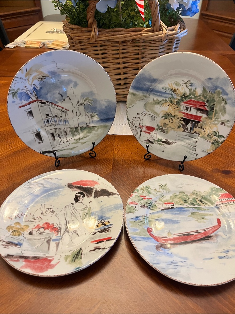 Pier One Destination 7 1/2” salad/dessert plates Set of 4, Red & Blue Accents